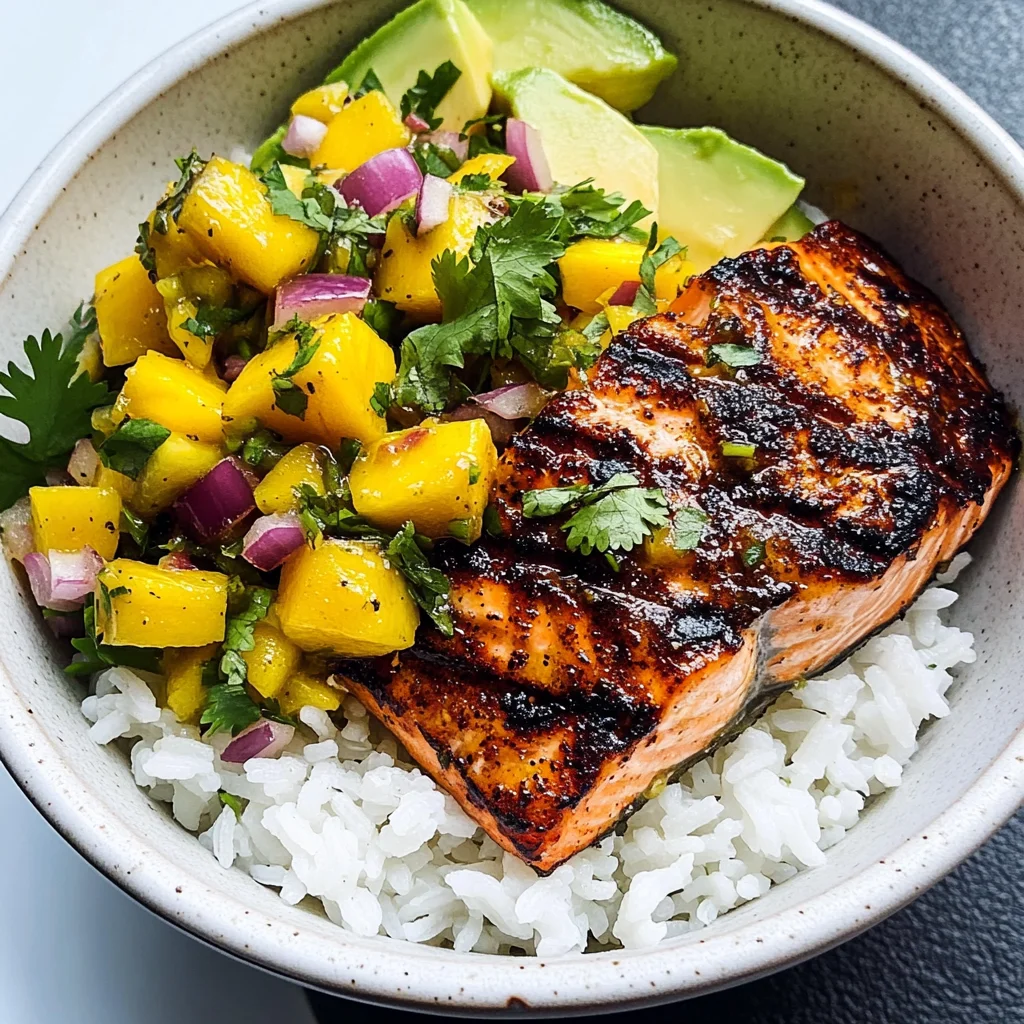 BBQ Salmon Bowls with Mango Avocado Salsa