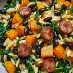 Butternut Squash and Black Bean Orzo with Sausage and Spinach