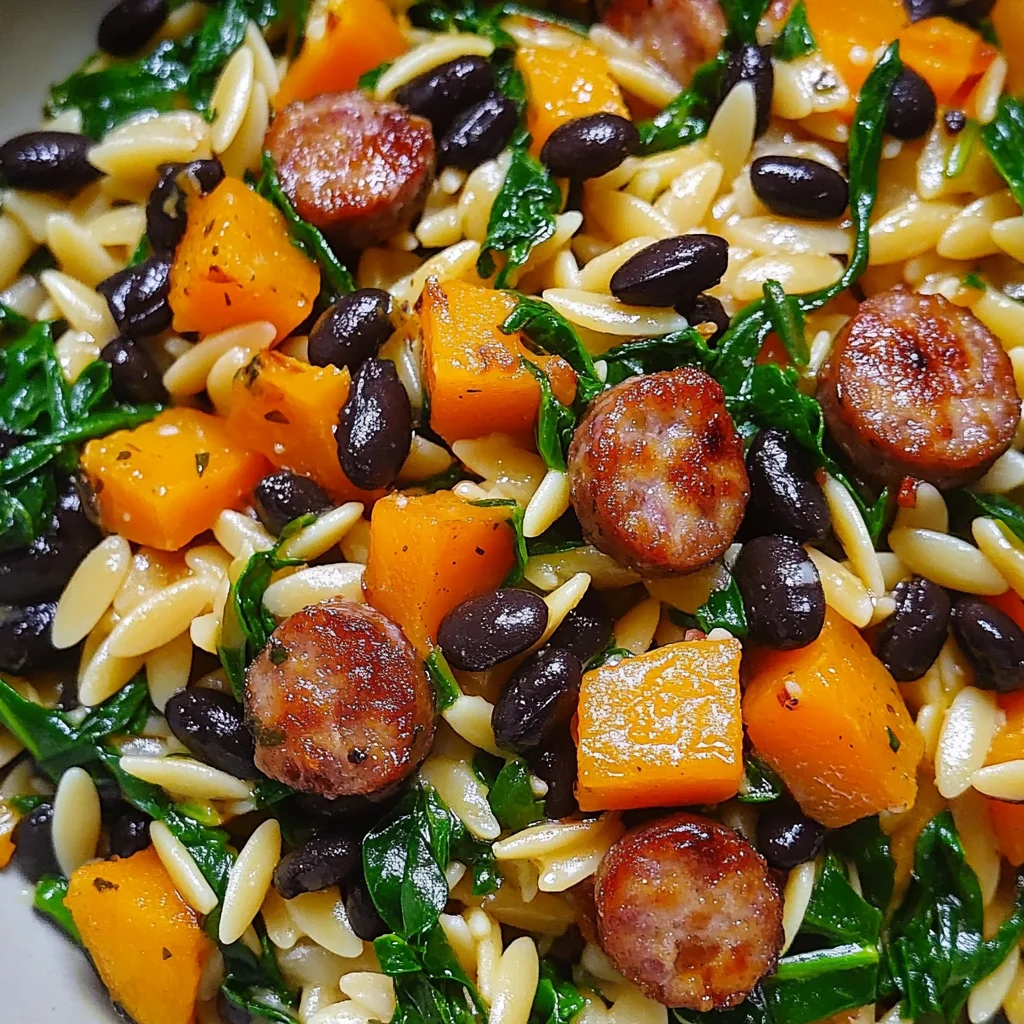 Butternut Squash and Black Bean Orzo with Sausage and Spinach