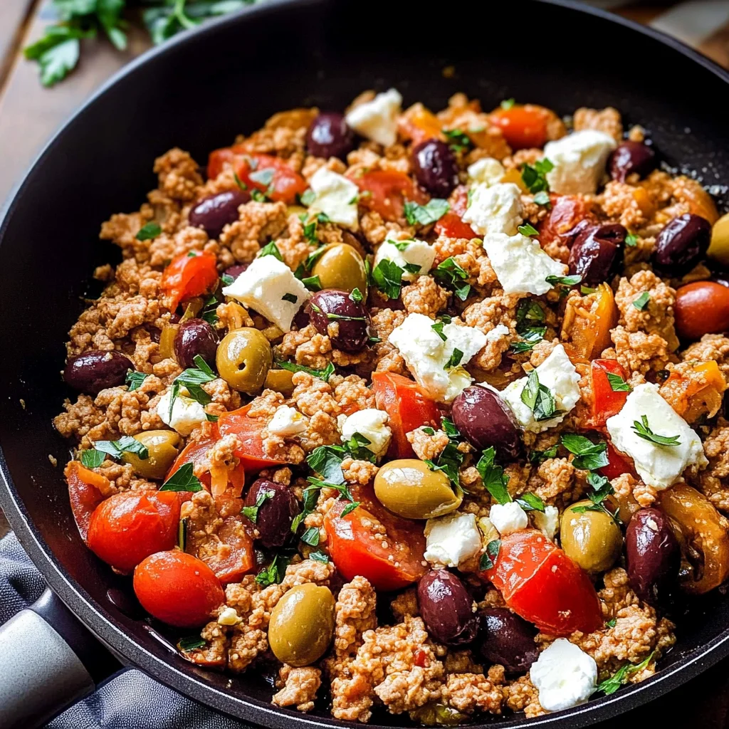 Mediterranean Keto Ground Chicken Skillet with Olives and Feta