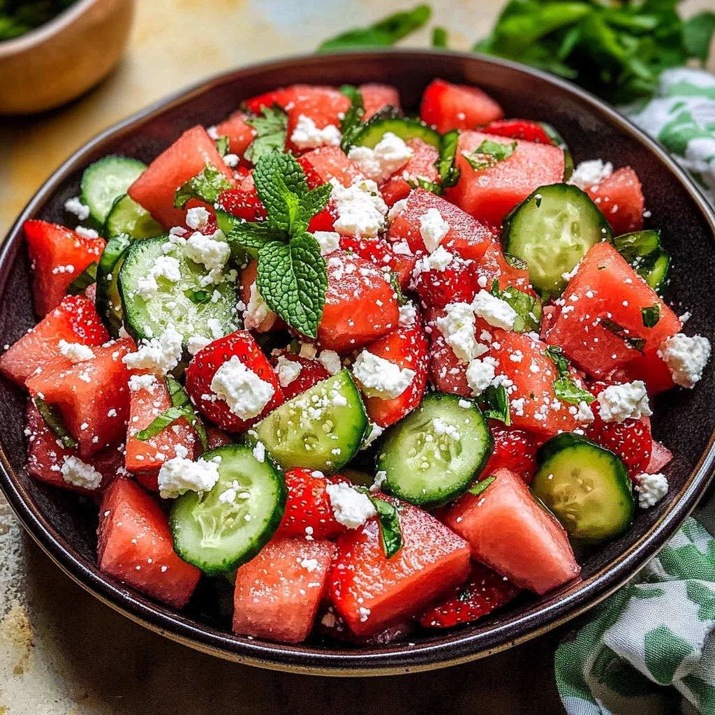 Watermelon Cucumber Salad with Strawberries and Feta