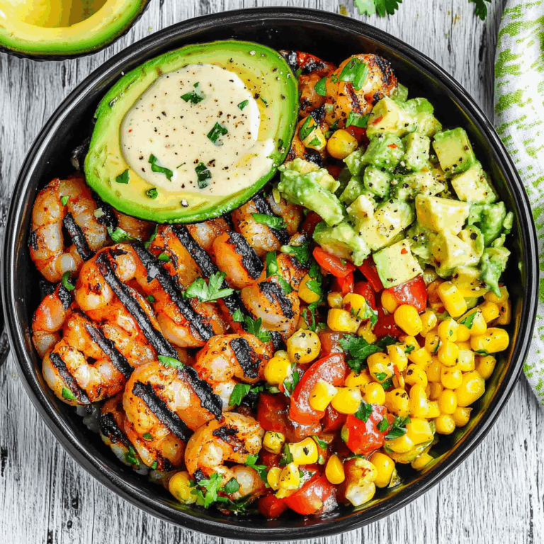 Grilled Shrimp Bowl with Avocado, Corn Salsa & Creamy Garlic Sauce: An Incredible 7-Ingredient Recipe