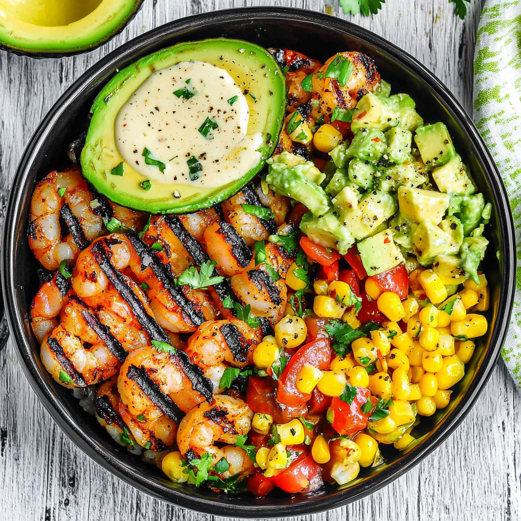 Grilled Shrimp Bowl with Avocado, Corn Salsa & Creamy Garlic Sauce: An Incredible 7-Ingredient Recipe