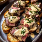 Beef Tenderloin Crostini with Parmesan Cream Sauce