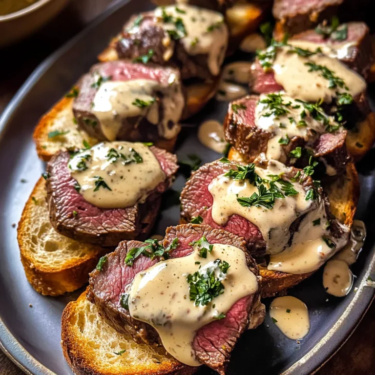Beef Tenderloin Crostini with Parmesan Cream Sauce
