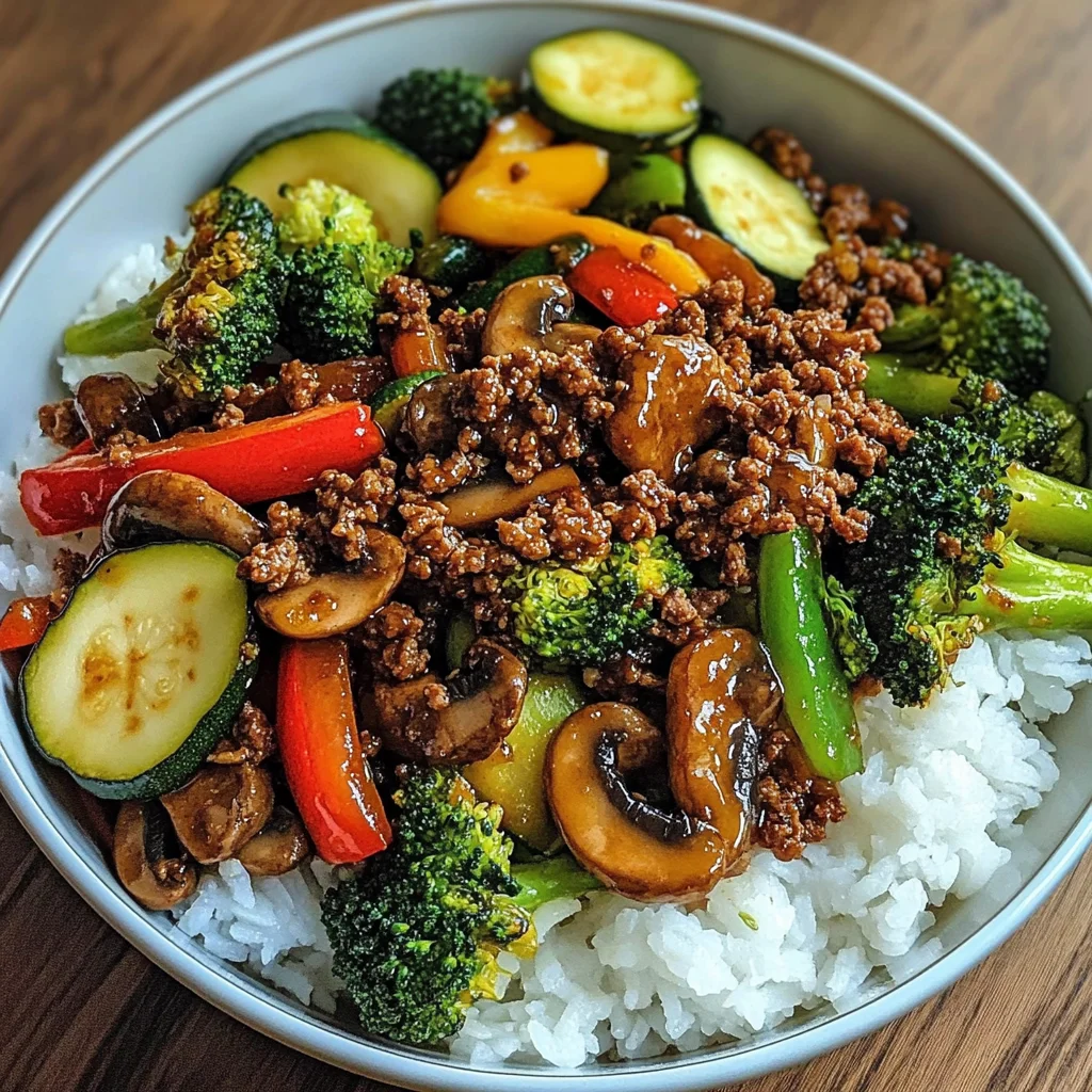Spicy Ground Beef Stir-Fry Bowl with Garlic Veggies & Steamy Rice