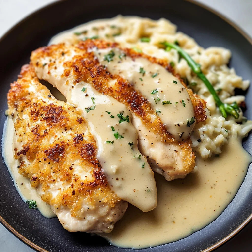 Crispy Parmesan Chicken with a Rich Garlic Sauce - Easy Dinner Idea