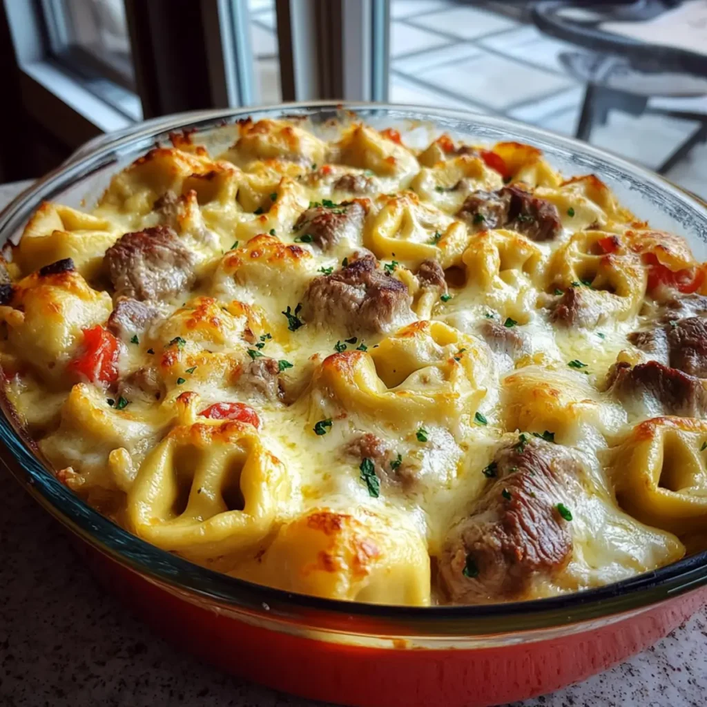 Golden Cheese Steak Tortellini Casserole