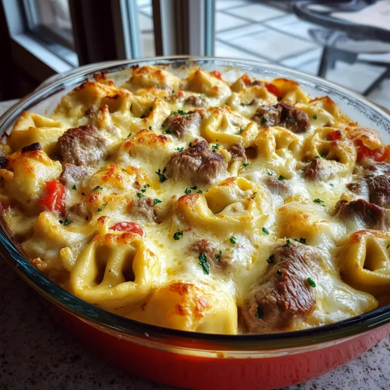Golden Cheese Steak Tortellini Casserole