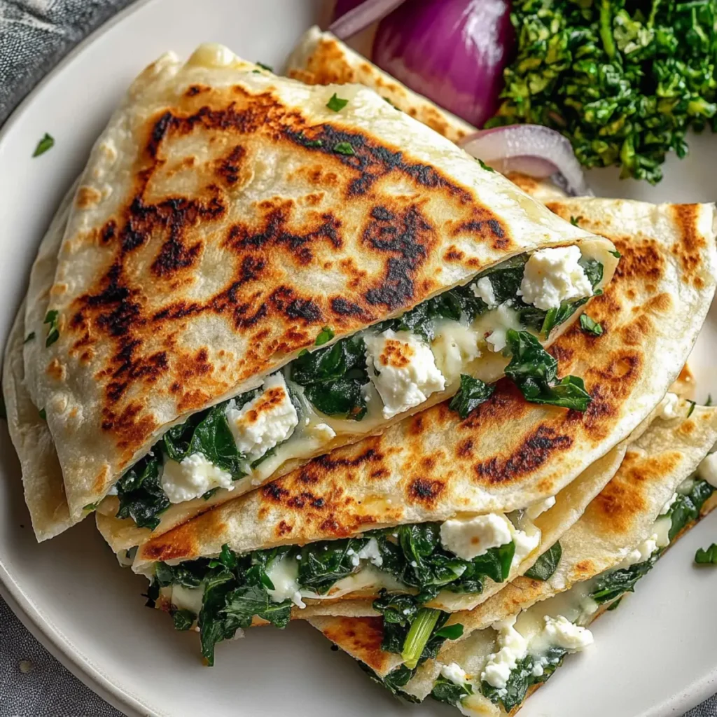 Mediterranean Quesadillas With Spinach Feta Mozzarella And Red Onion