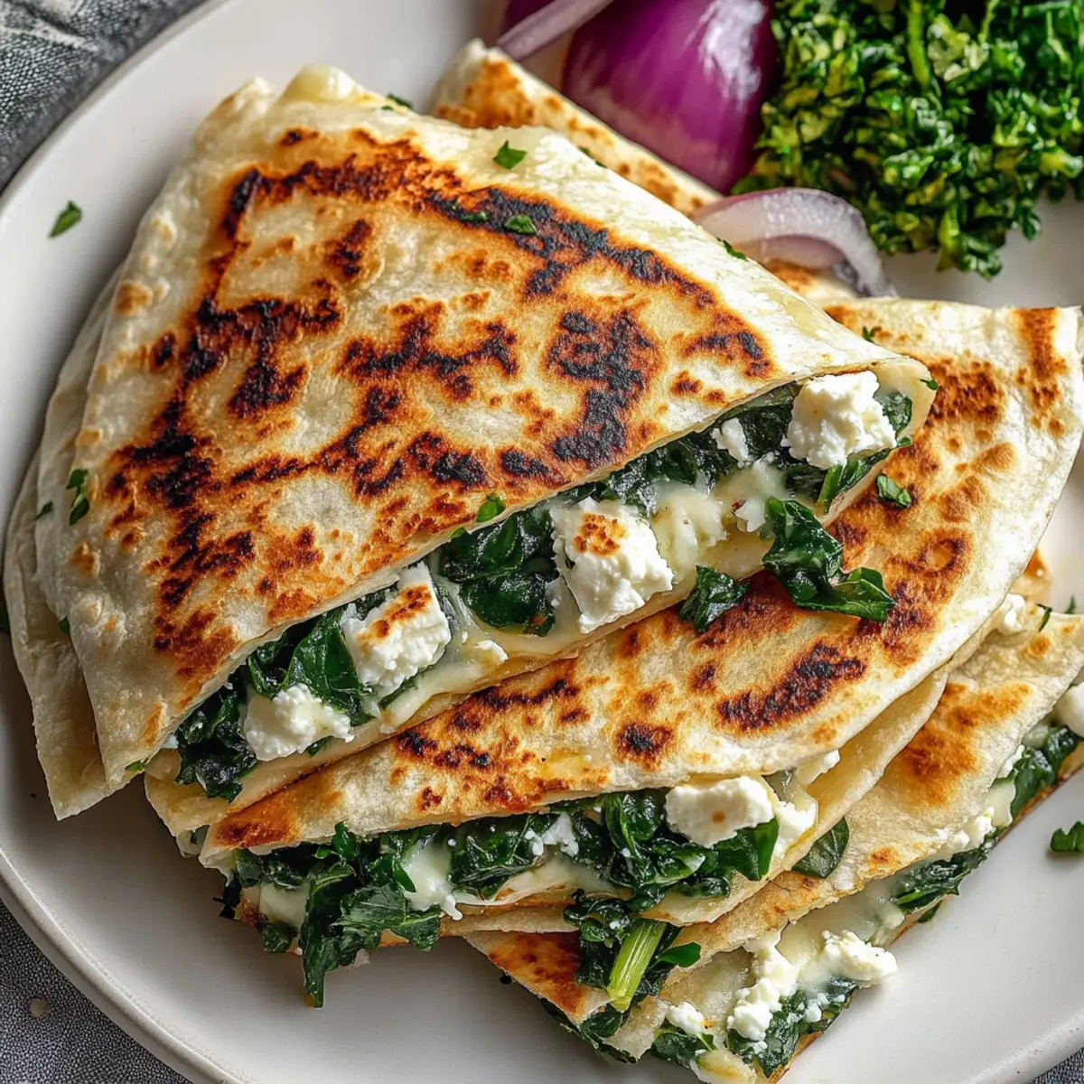Mediterranean Quesadillas With Spinach Feta Mozzarella And Red Onion