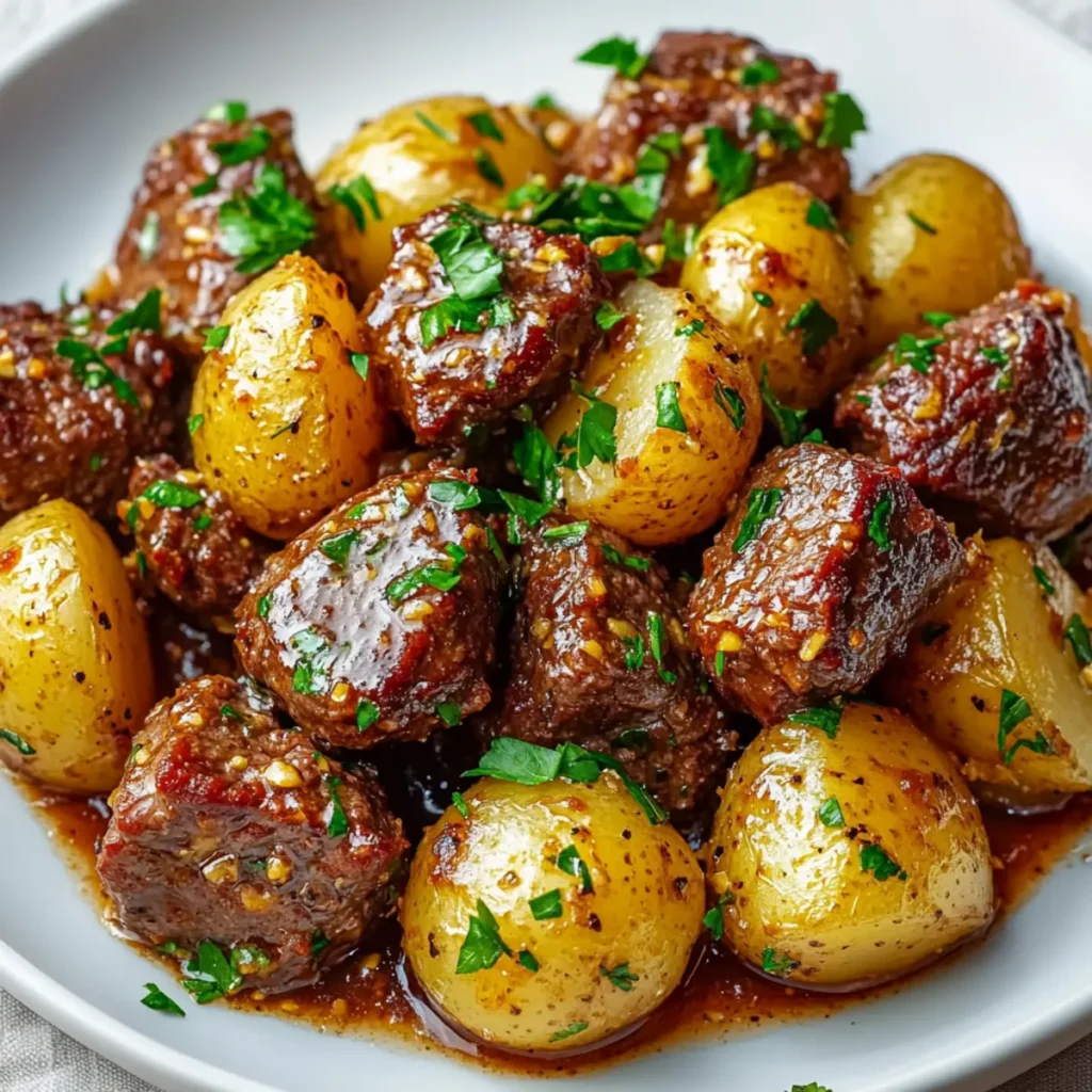 Crockpot Garlic Butter Beef Bites With Potatoes