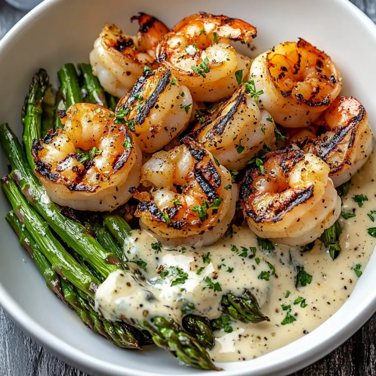 Grilled Shrimp Bowl with Asparagus & Creamy Garlic Sauce