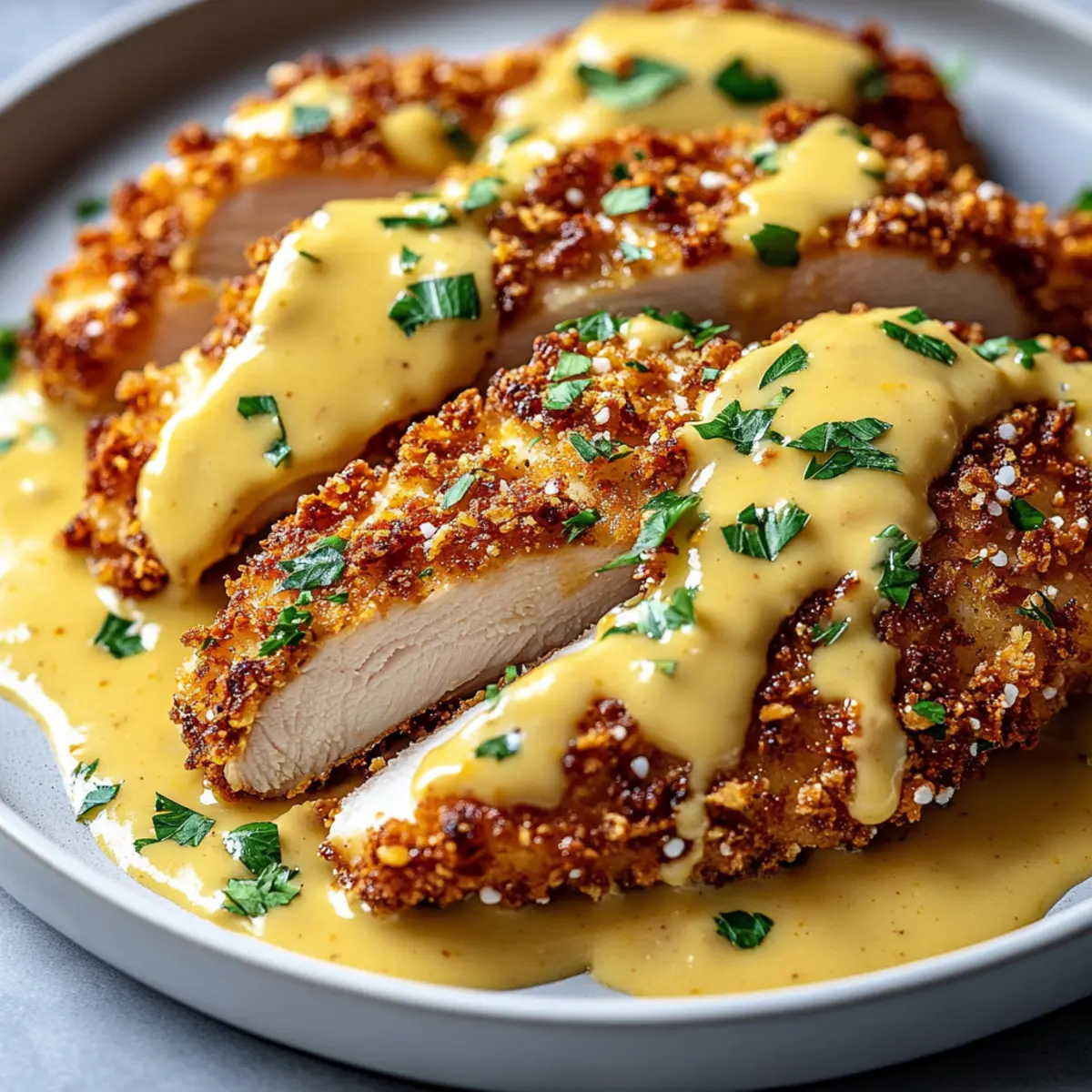 Pretzel Crusted Chicken With Cheddar Mustard Sauce