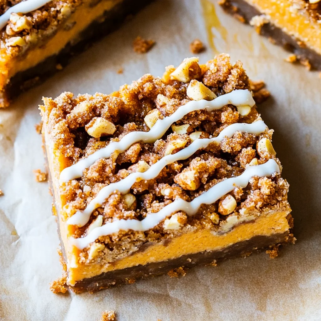 Pumpkin Cheesecake Bars with Walnut Crust and Streusel To…